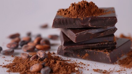 Poster - Stack of chocolate bars with cocoa powder, ideal for food and dessert concepts