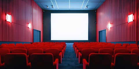 Poster - A movie theater with red seats and a projector screen. Ideal for cinema or entertainment concepts