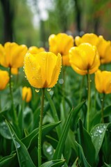 Aufkleber - Vibrant yellow tulips with dew drops, perfect for spring-themed designs