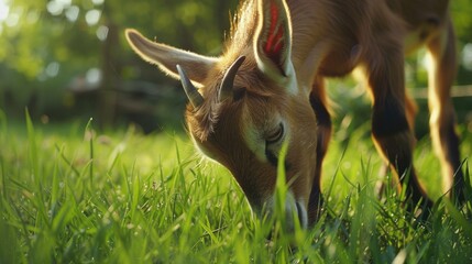 Poster - A goat grazing in a grassy field, suitable for nature and animal themes
