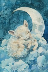 Poster - A peaceful painting of a sheep sleeping on a fluffy cloud. Suitable for children's books or relaxation-themed designs