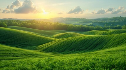 Wall Mural - Vintage image of an agricultural landscape with green fields on hills and the sun in the background