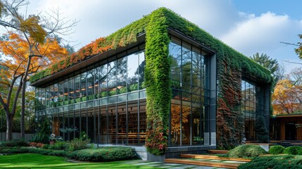 Poster - A glass building covered by green ivy with blue skies