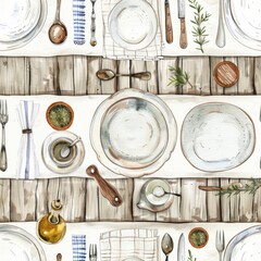 Poster - A watercolor painting of a table set with dishes and utensils. Suitable for kitchen or dining room decor