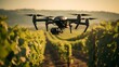 Precision agriculture in action, A close-up of a drone flying over a vineyard, illustrating the impact of AI and automation in farming