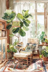 Wall Mural - A peaceful living room filled with various plants, ideal for interior design projects