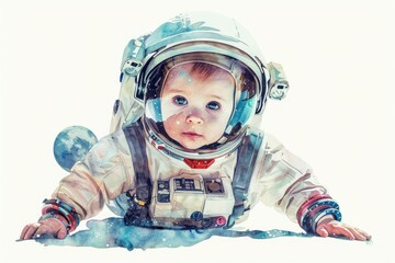 Poster - A cute baby in a space suit depicted in a watercolor painting. Perfect for children's books or educational materials