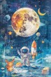 Astronaut painting with animals, suitable for educational purposes
