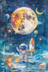 Poster - Astronaut painting with animals, suitable for educational purposes