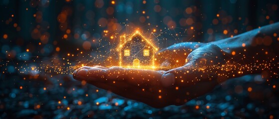 Aufkleber - Symbol of open hand giving with country house icon. Low poly style design. Abstract geometric background. Wireframe light connection structure. Isolated  illustration.