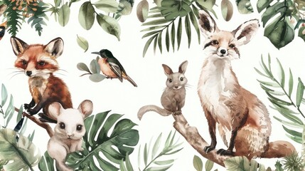 Aufkleber - A group of animals sitting on top of a tree branch. Suitable for nature and wildlife themes