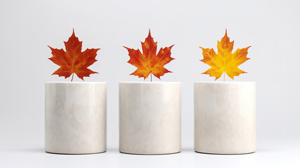 Wall Mural - Three marble cylinder podium isolated on a white background featuring maple leaves