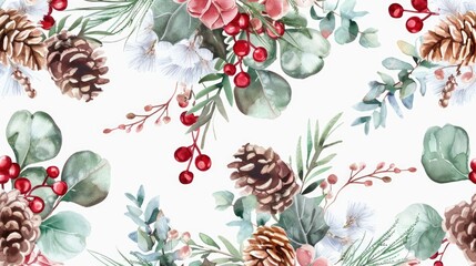 Poster - Close-up of pine cones, leaves, and berries. Suitable for autumn-themed designs
