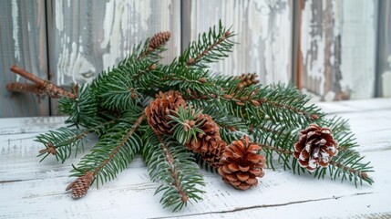 Aufkleber - Pine cones on rustic wooden surface. Ideal for nature and home decor themes