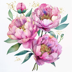 Wall Mural - Peony A bouquet of pink flowers with green leaves. The flowers are arranged in a way that they are all facing the same direction, giving the impression of a unified and harmonious display