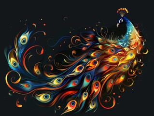 Aufkleber - a colorful peacock with long feathers on a black background. a magical creature made of fire.