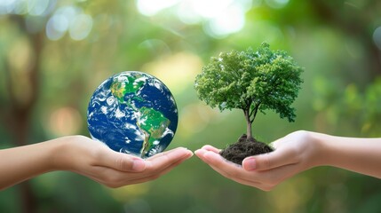 Canvas Print - Concept image for World Environment Day: Two human hands holding a globe of the earth and a heart-shaped tree against a blurry green background. 