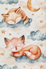 Poster - Two cats peacefully sleeping on top of a fluffy cloud, perfect for illustrating dreamy and whimsical concepts