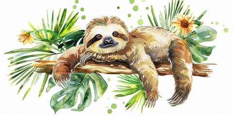 Sticker - A watercolor painting of a sloth peacefully sleeping on a tree branch. Ideal for nature and animal illustrations