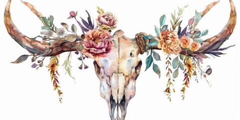 Poster - A beautiful watercolor painting of a cow skull adorned with colorful flowers. Perfect for rustic and bohemian themed designs