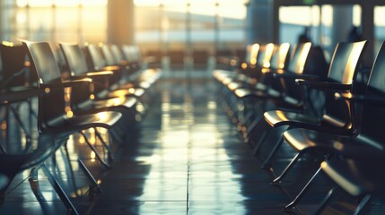 Poster - Rows of empty chairs in an airport terminal. Ideal for travel and transportation concepts