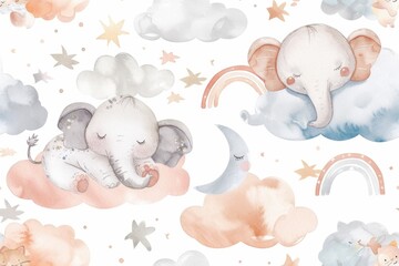 Poster - Cute baby elephant peacefully sleeping on a fluffy cloud. Perfect for children's books or dreamy illustrations