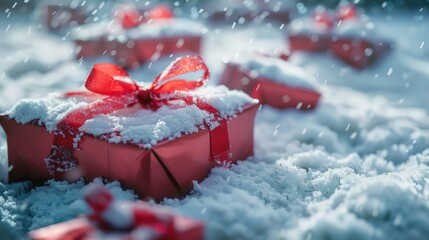 Poster - Red gift boxes covered in snow, perfect for holiday season decorations