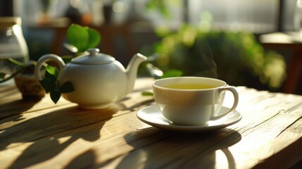 Poster - A simple cup of tea on a wooden surface. Ideal for kitchen or cafe concepts
