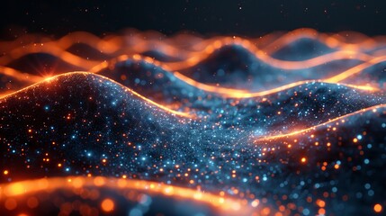 Aufkleber - This is an abstract digital landscape with flowing particles. It can be used as a background for cyber or technology.
