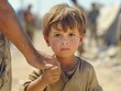 A young boy is holding a hand of an older man. The boy is wearing a brown shirt and has brown hair. The scene is set in a desert