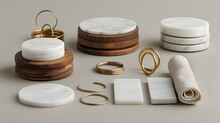 Chic Kitchen Accessories Marble Coasters And Brass Napkin Rings Arrangement On Light Gray Background Generative Ai