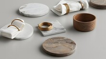 Chic Kitchen Accessories Marble Coasters And Brass Rings Echo Subtle Luxury In Elegant Arrangement Generative Ai