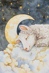 Aufkleber - A peaceful painting of a sheep resting on a fluffy cloud. Perfect for children's room decor