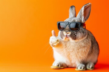 Easter background: Cute Easter bunny in sunglasses giving a thumbs up on an orange background with copy space