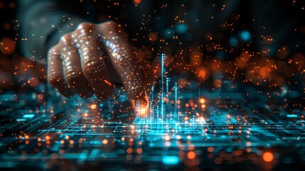 Poster - Finger touch hud with stock market updates, business candlestick graph chart. Double exposure blue and white lines, growing numbers, online trading.