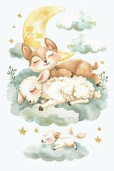 Poster - Peaceful image of two sheep resting on a fluffy cloud. Suitable for children's book illustrations