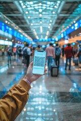 Aufkleber - A person holding up a smart phone displaying a QR code. Suitable for technology and communication concepts