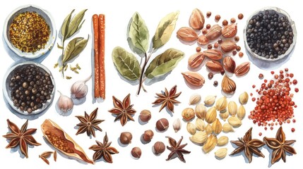 Poster - Various spices and nuts displayed on a white surface, perfect for food and cooking concepts