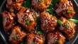 A plate of General Tso chicken, a popular Chinese dish made with crispy chicken, tangy sauce, and garnished with sesame seeds.