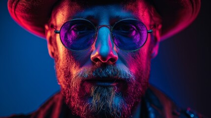 Wall Mural - Neon light studio close-up portrait of serious man model with mustaches and beard in sunglasses