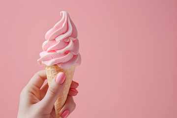 Sticker - Hand holding ice cream cone. Summer background.