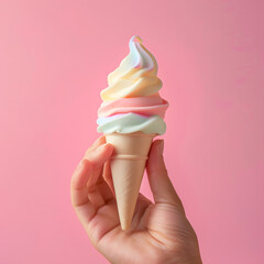 Wall Mural - Hand holding ice cream cone. Summer background.