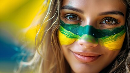 Wall Mural - Portrait of a beautiful woman with her face painted with the flag of Brazil. olympic games concept