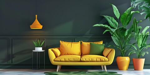 Wall Mural -  Bright yellow armchair in green room, yellow lamp and several flowerpots, stylized living room, interior design, background, wallpaper.