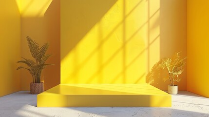 Aufkleber - A yellow room with a yellow wall and a yellow floor. There is a plant in a pot on the floor and a plant on the wall. The room is empty and has a bright, sunny atmosphere