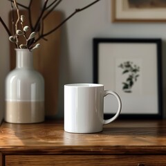 Aufkleber - A white coffee mug sits on a wooden table next to a vase and a picture. Concept of calm and relaxation, as the mug and vase are simple and uncluttered