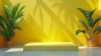 Aufkleber - A yellow wall with two potted plants on either side of a pedestal. The plants are tall and leafy, and the pedestal is empty. The room has a bright and sunny atmosphere