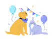 Happy cat and dog together celebrating party with balloons and festival garland. Pets birthday event. Vector illustration.