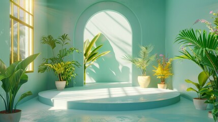 Aufkleber - A green room with a large archway and plants. The plants are in pots and the room is very bright and airy