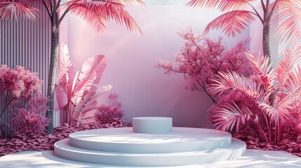 Aufkleber - A pink and white tropical scene with a white pedestal in the middle. The scene is full of pink flowers and trees, giving it a vibrant and lively atmosphere